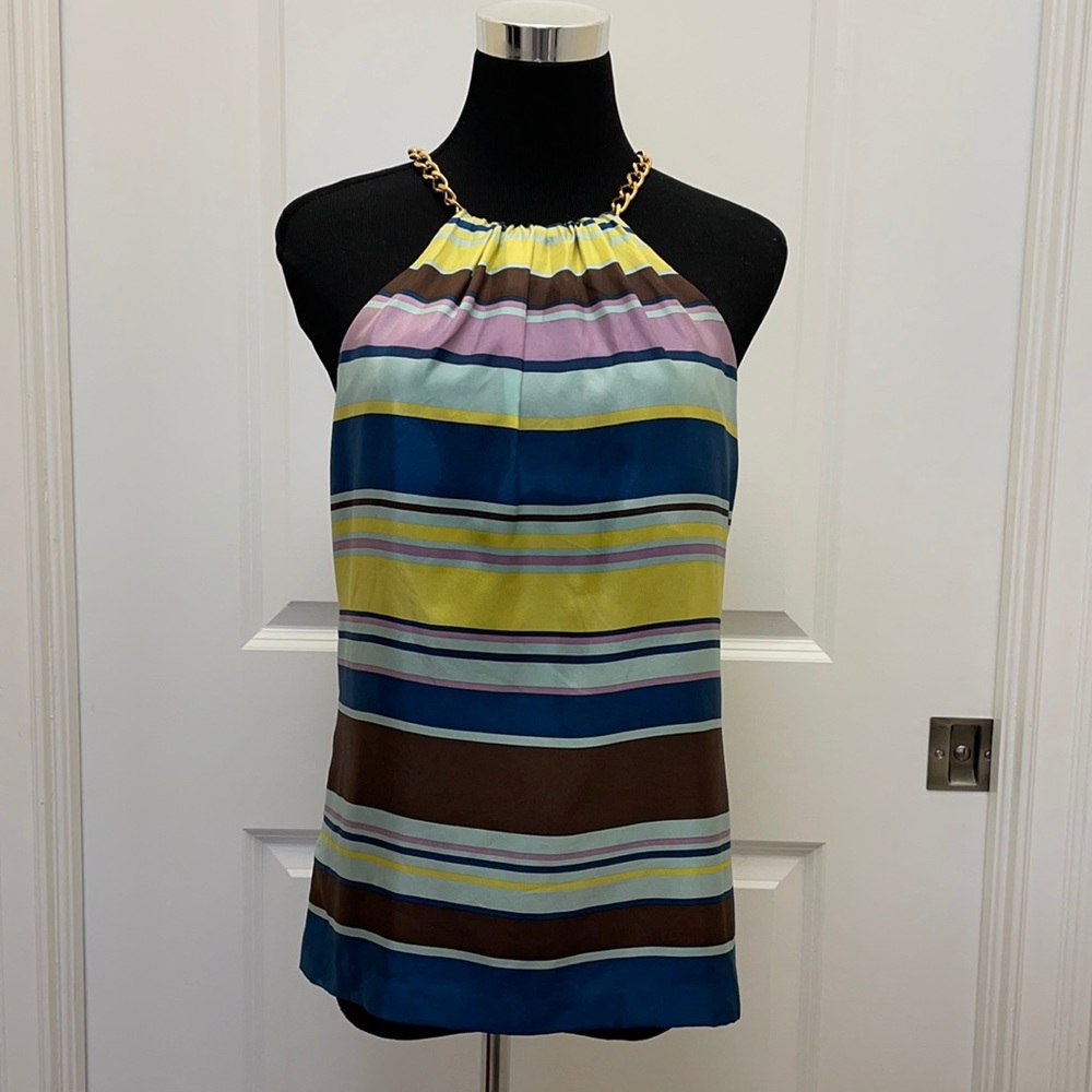 Milly striped silk halter with gold chain neck sz2